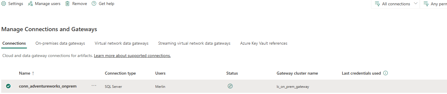 Manage connections and gateways — conn_adventureworks_onprem showing SQL Server type, green status, lc_on_prem_gateway